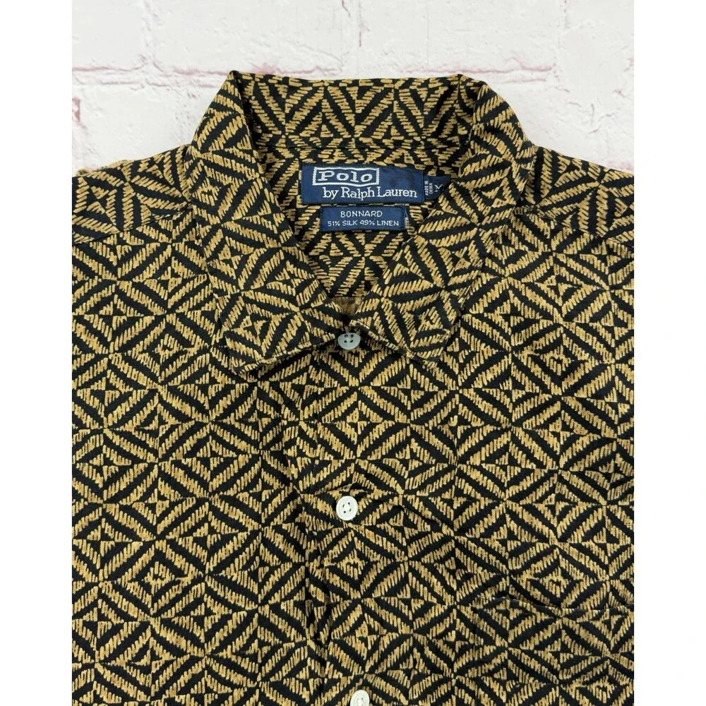 Polo Ralph Lauren Bonnard Shirt Mens MED Gold Silk Linen Geometric Camp Collar